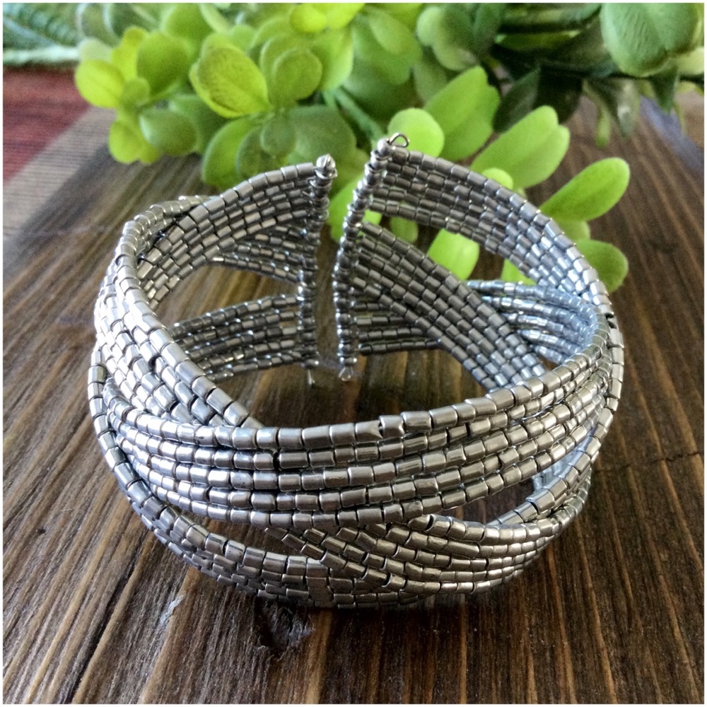 Twisted Flexible Seed Bead Braided Open Cuff Bracelet – Silver
